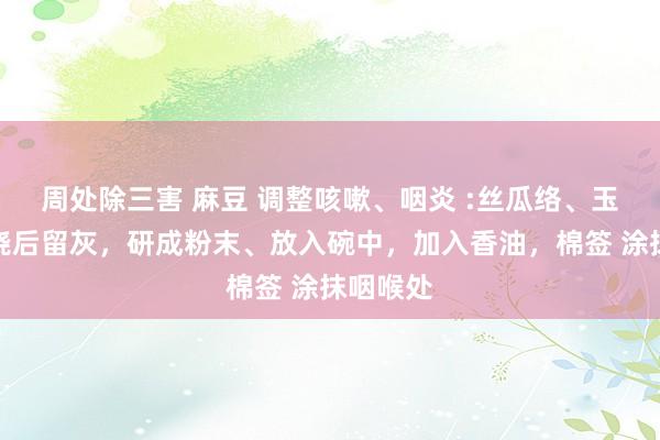 周处除三害 麻豆 调整咳嗽、咽炎 :丝瓜络、玉米须焚烧后留灰，研成粉末、放入碗中，加入香油，棉签 涂抹咽喉处